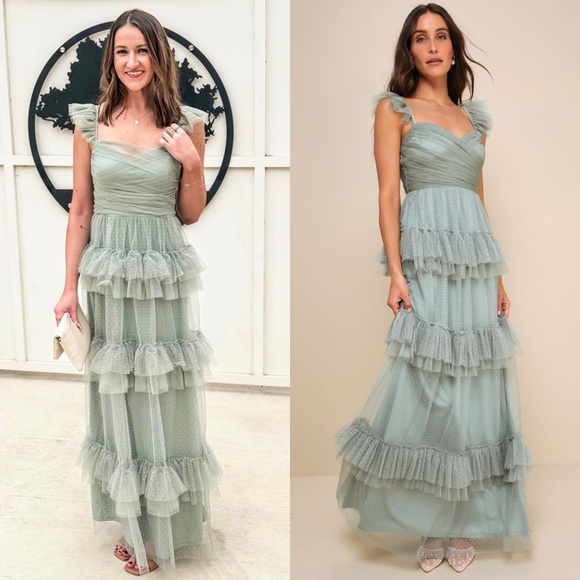 LULUS Swiss Dot Tulle Ruffle Tier Sweetheart Neck Sleeveless Cottagecore‎ Gown S - Picture 2 of 7